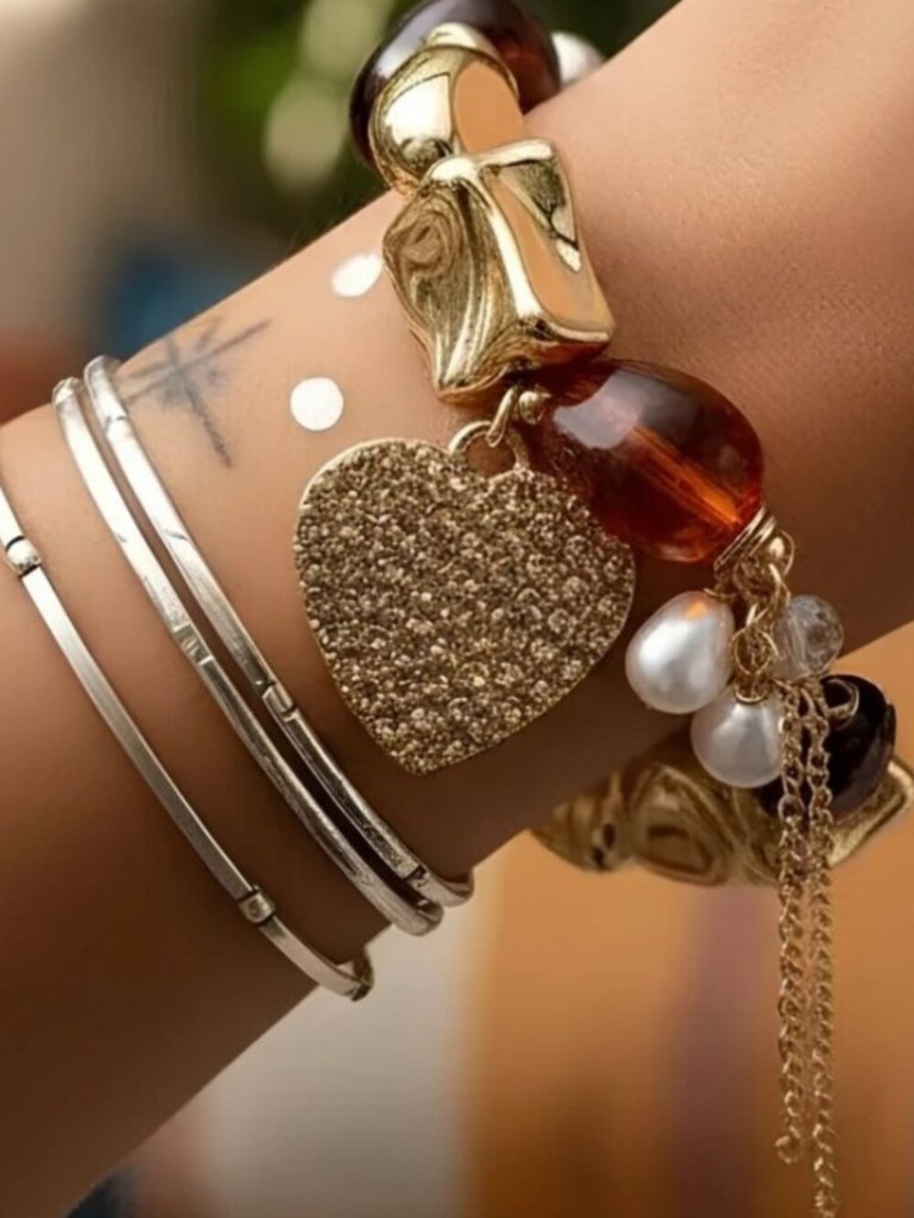 NEW Charm Bracelet Gold Rhinestone Heart Pebble Stone Beaded Boho Stretch